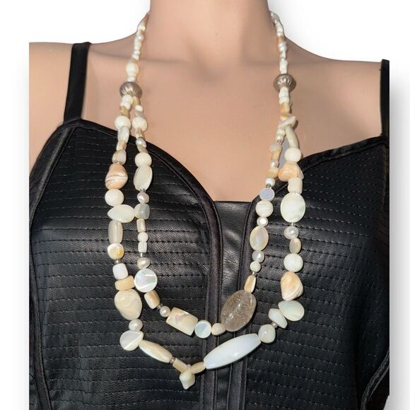 VINTAGE STERLING SILVER PEARL, MOTHER OF PEARL NECKLACE TICA ROSA 28" LENGTH - Picture 3 of 10